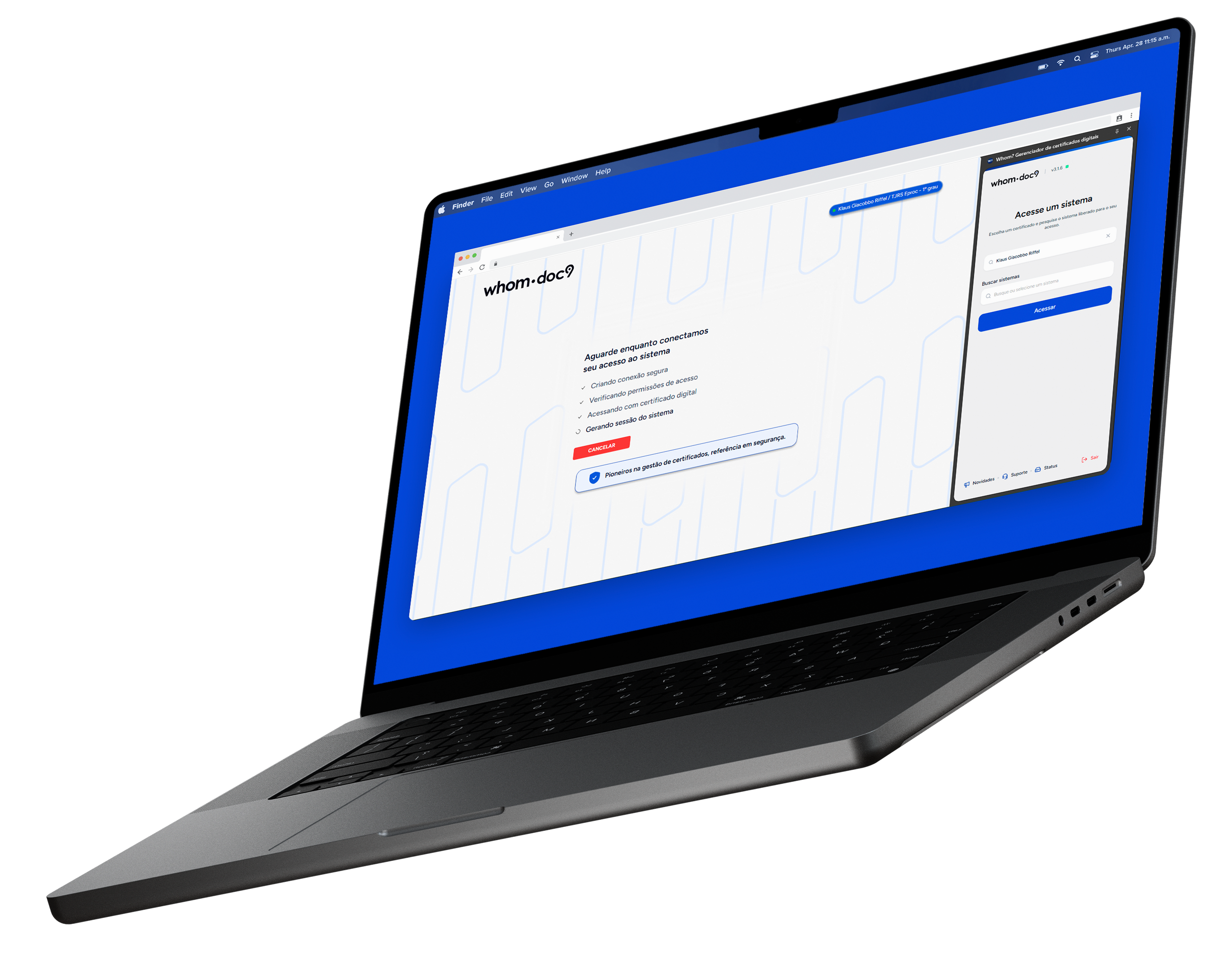 Notebook com tela do Whom.doc9 para gestão de certificados digitais