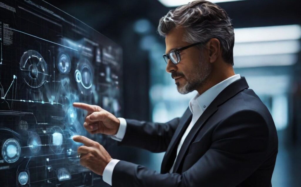 Executivo interagindo com uma tela digital holográfica, analisando dados e gráficos futuristas.
