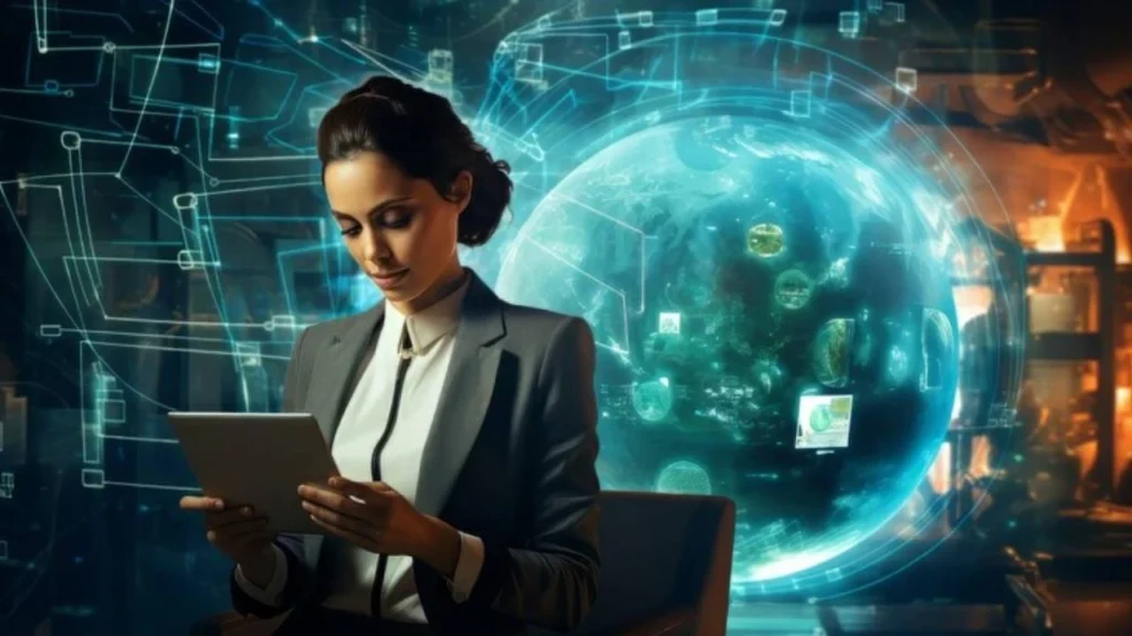 Uma mulher elegante usando um tablet em um ambiente digital futurista, com gráficos e representações de dados ao fundo, simbolizando as tecnologias da informação e conectividade global.