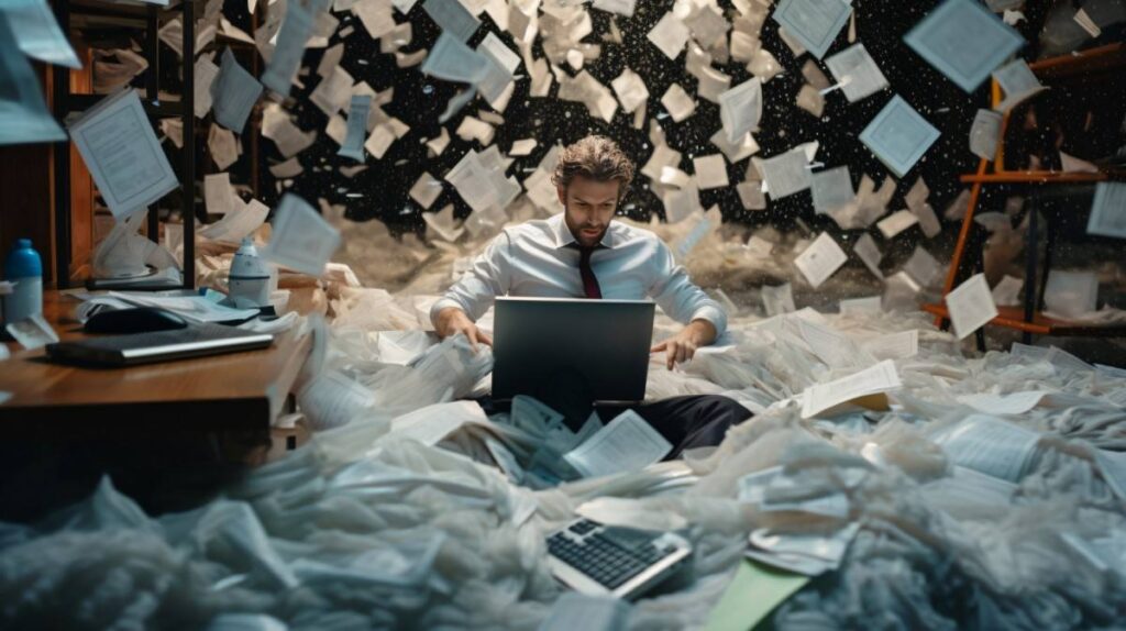 Homem trabalhando em um laptop cercado por uma grande quantidade de papéis espalhados pelo ambiente, simbolizando sobrecarga de trabalho e desorganização de documentos físicos.