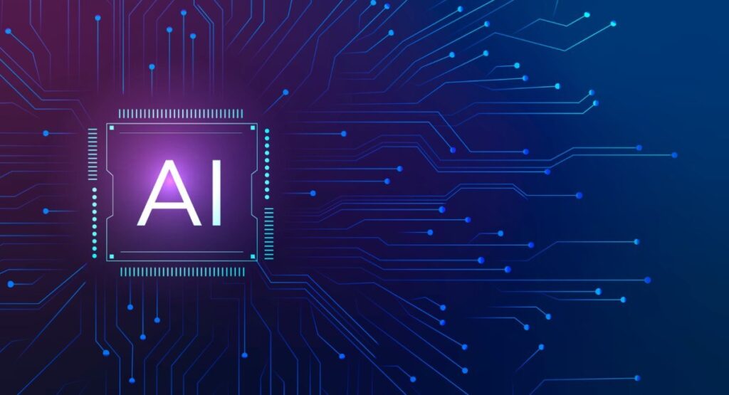 Imagem de um chip eletrônico com o texto "AI" no centro, cercado por um padrão de circuitos em um fundo azul escuro, representando a inteligência artificial.