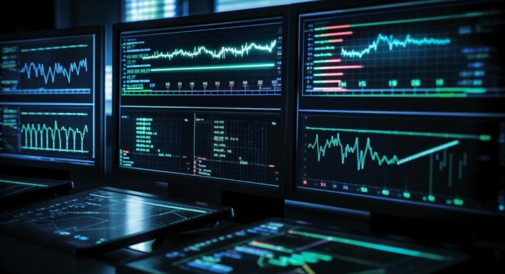 Monitores de computador exibindo gráficos e dados financeiros em tempo real. A imagem mostra várias telas com diferentes tipos de gráficos de linhas e barras, além de números e indicadores de desempenho. O ambiente tem uma iluminação baixa, destacando os dados luminosos nas telas, sugerindo uma sala de operações ou um ambiente de análise de mercado financeiro.
