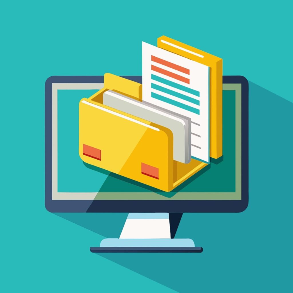 Ilustração de uma tela de computador exibindo uma pasta amarela aberta com documentos, representando organização digital de arquivos e gerenciamento de documentos.