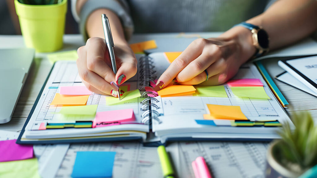 Pessoa escrevendo em uma agenda com várias anotações em papéis coloridos.