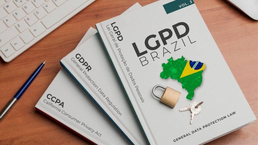 Livros sobre a LGPD (Lei Geral de Proteção de Dados), incluindo uma capa destacando o Brasil e um cadeado, remetendo à segurança e proteção de informações pessoais.