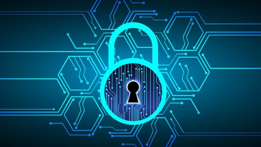 Um fundo tecnológico com circuitos digitais e um cadeado brilhante azul no centro, reforçando a ideia de segurança cibernética e proteção de sistemas digitais.