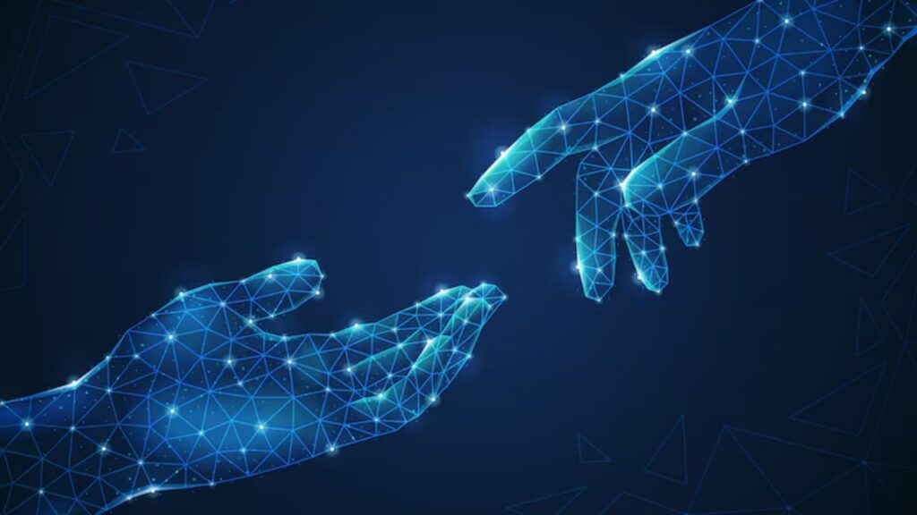 Imagem digital representando duas mãos em estilo futurista, simbolizando conexão e interação, com um fundo azul escuro.
