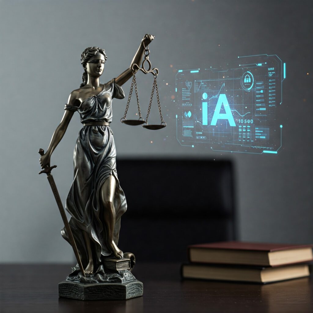 Estátua Themis numa mesa e um holograma de IA ao lado direito
