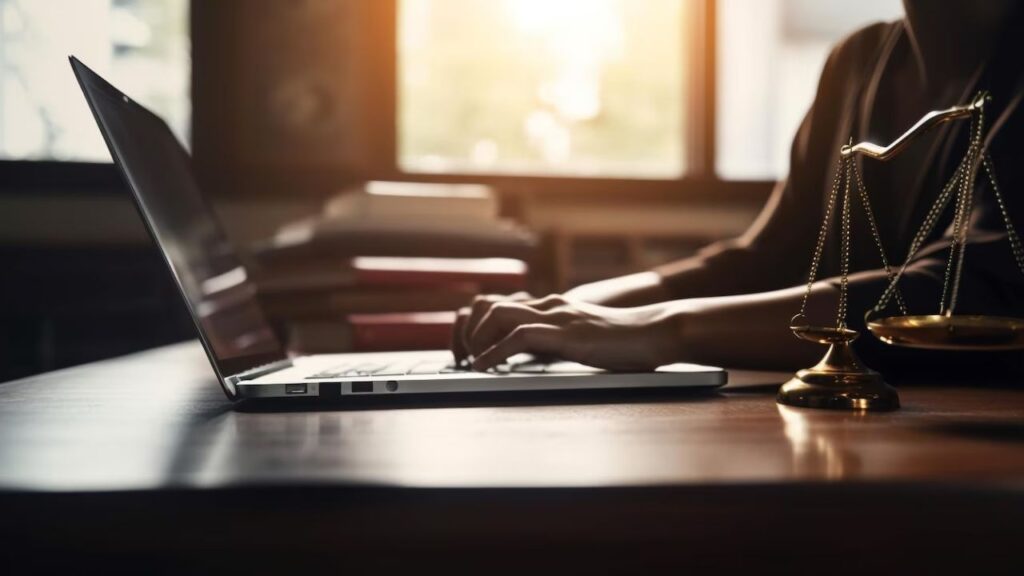 Imagem de um advogado trabalhando em um laptop em um escritório, com uma balança de justiça ao lado. Reflete a rotina e a dedicação na advocacia.
