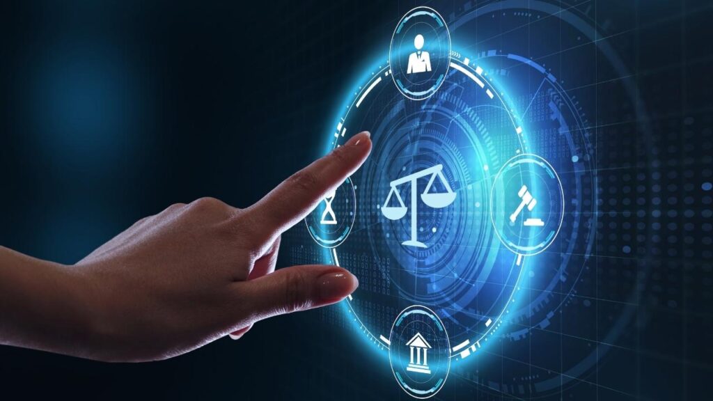 Imagem que ilustra a tecnologia e o direito, destacando ícones de justiça, tecnologia e gestão de informações jurídicas em um fundo digital.