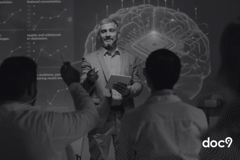 Pesquisador ou professor apresentando conceitos de inteligência artificial e cérebro digital para alunos ou colegas em aula sobre como avaliar a melhor IA para advogados experientes e iniciantes.