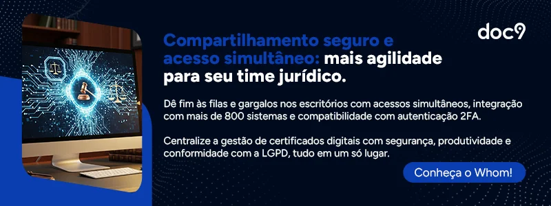 Compartilhamento seguro e acesso simultâneo: mais agilidade para seu time jurídico. Dê fim às filas e gargalos nos escritórios com acessos simultâneos, integração com mais de 800 sistemas e compatibilidade com autenticação 2FA. Centralize a gestão de certificados digitais com segurança, produtividade e conformidade com a LGPD, tudo em um só lugar. Conheça o Whom!