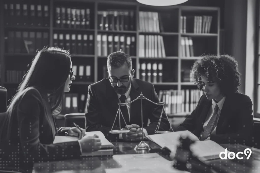 Equipe jurídica reunida em uma mesa.